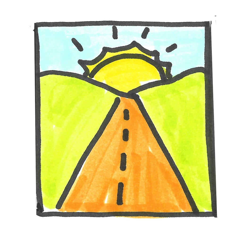 Patti Dobrowolski's drawing of a road leading towards a sun