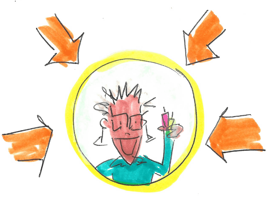 drawing of a keynote speaker in a circle with arrows pointing at the circle.