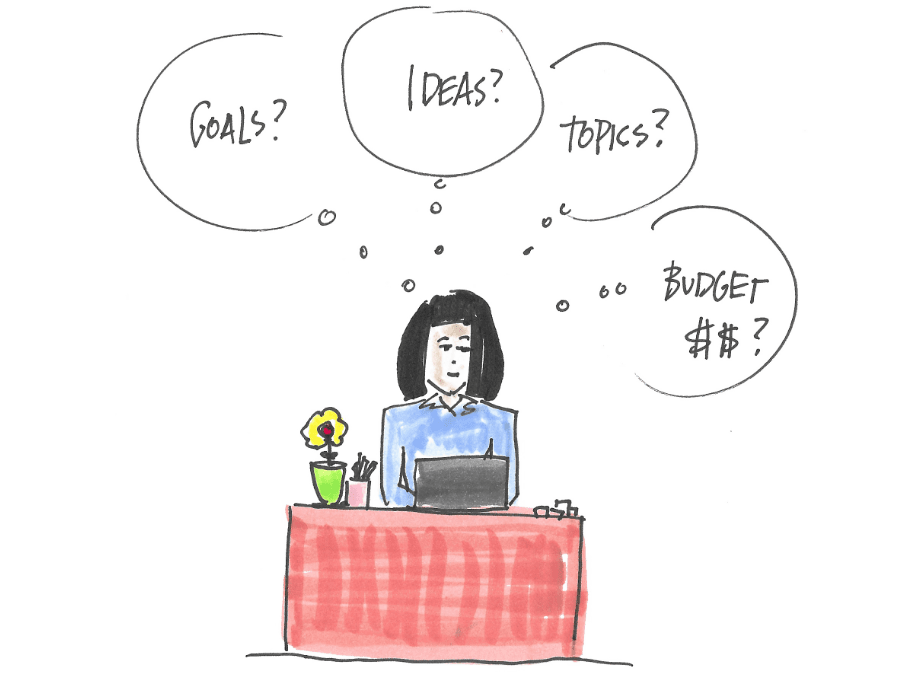 drawing of a women at a desk thinging about what she needs to know before looking for a keynote speaker